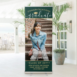Graduation Photo Elegant Script Green and Gold Retractable Banner