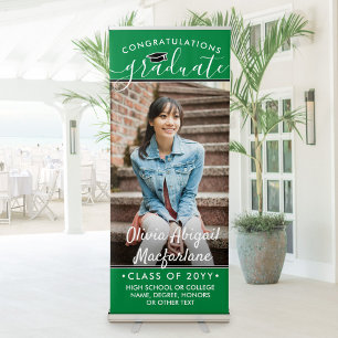 Graduation Photo Elegant Script Green Vertical Retractable Banner