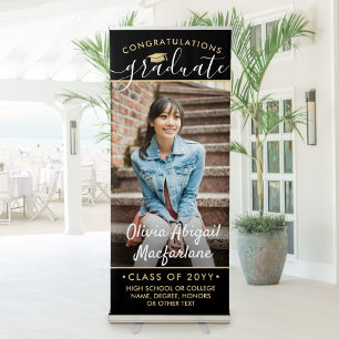 Graduation Photo Elegant Script Large Black & Gold Retractable Banner