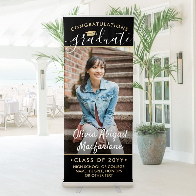 Graduation Photo Elegant Script Large Black & Gold Retractable Banner (Creator Uploaded)