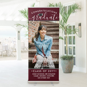 Graduation Photo Elegant Script Maroon Vertical Retractable Banner