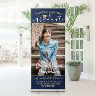 Graduation Photo Elegant Script Navy Blue and Gold Retractable Banner