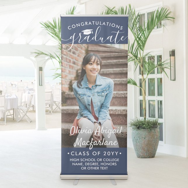 Graduation Photo Elegant Script Navy Blue Vertical Retractable Banner (Creator Uploaded)