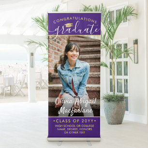 Graduation Photo Elegant Script Purple and Gold Retractable Banner