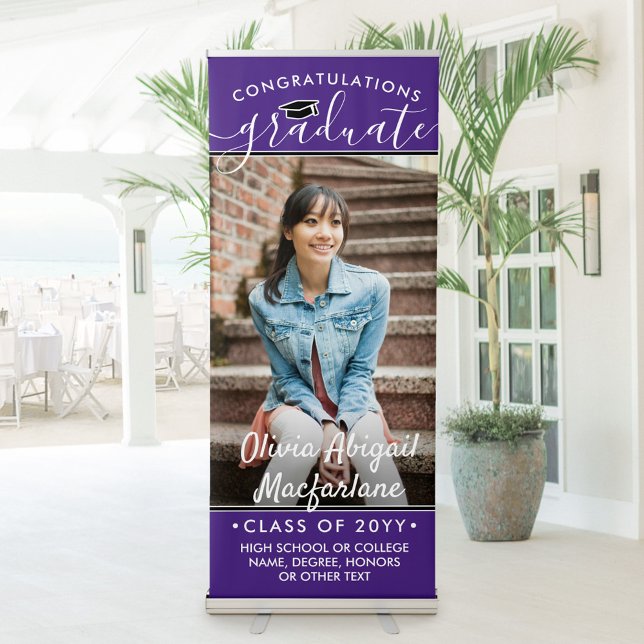 Graduation Photo Elegant Script Purple Vertical Retractable Banner (Creator Uploaded)