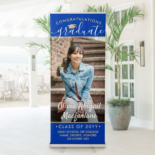 Graduation Photo Elegant Script Royal Blue & Gold Retractable Banner