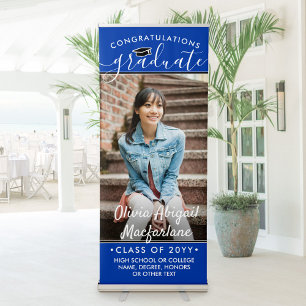 Graduation Photo Elegant Script Royal Blue & White Retractable Banner