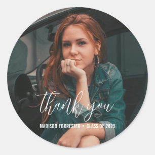 Graduation Photo Elegant Thank You Script Classic Round Sticker