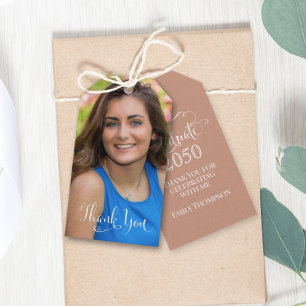 Graduation Photo Elegant Thank You Script Tan Gift Tags