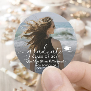 Graduation Photo & Elegant White Script Class Year Classic Round Sticker