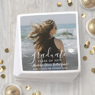 Graduation Photo & Elegant White Script Class Year Napkin