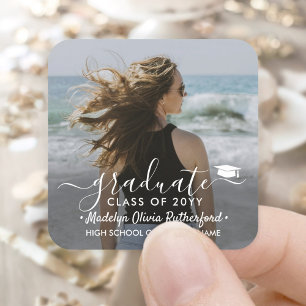 Graduation Photo & Elegant White Script Class Year Square Sticker