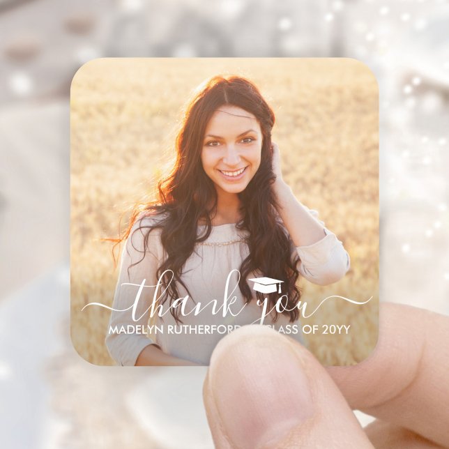 Graduation Photo & Elegant White Script Thank You Square Sticker (Creator Uploaded)