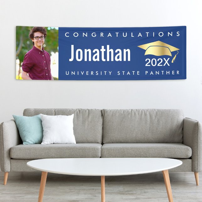 Graduation photo gold cap modern bold simple blue banner (Creator Uploaded)