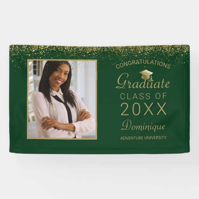 Graduation Photo Gold Glam Script Grad Cap Green Banner (Horizontal)