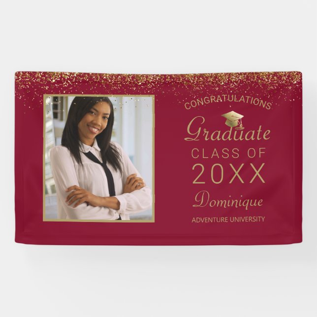 Graduation Photo Gold Glam Script Grad Cap Red Banner (Horizontal)