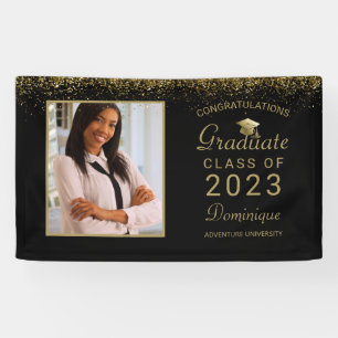 Graduation Photo Gold Glitter Script Grad Cap 2021 Banner