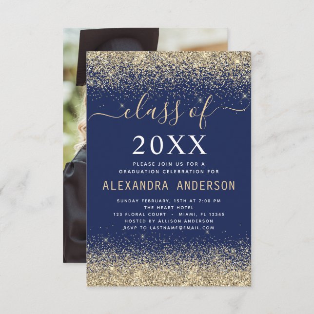 Graduation Photo Gold Navy Blue Class of 2022 Invi Invitation (Front/Back)