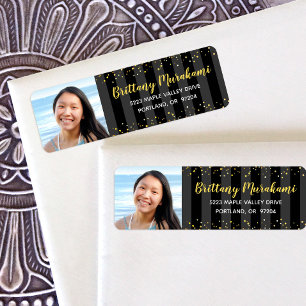 Graduation photo gold script black stripes address