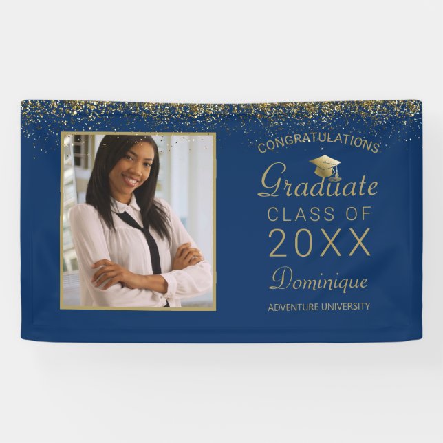 Graduation Photo Gold Script Cap Royal Blue Banner (Horizontal)