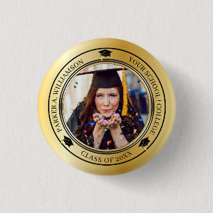 Graduation Photo Gold Tone Grad Cap Class Year 3 Cm Round Badge