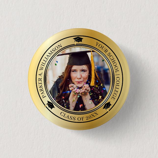 Graduation Photo Gold Tone Grad Cap Class Year  3 Cm Round Badge (Front)