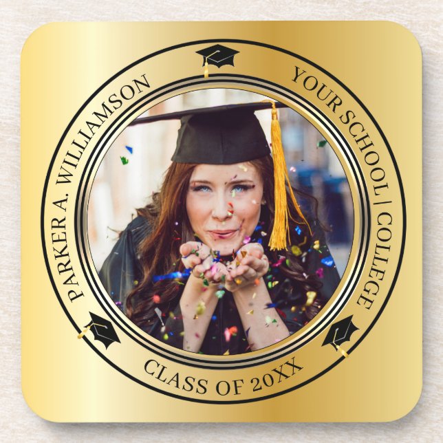 Graduation Photo Gold Tone Grad Cap Class Year  Coaster (Front)