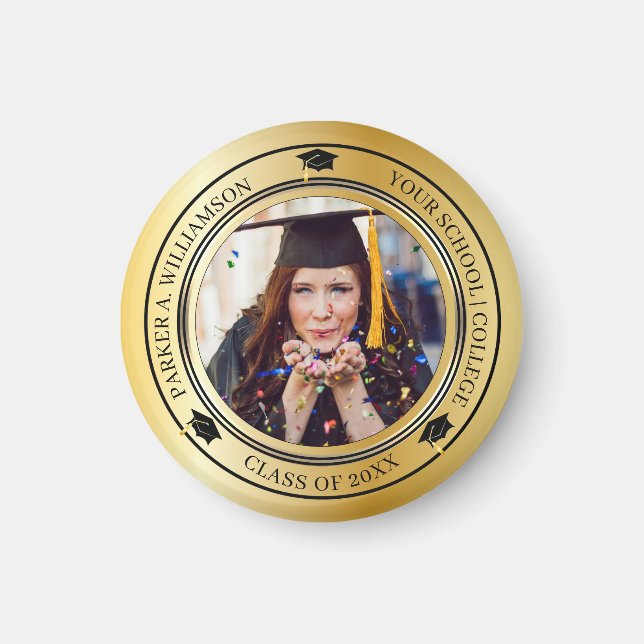 Graduation Photo Gold Tone Grad Cap Class Year Magnet (Front)