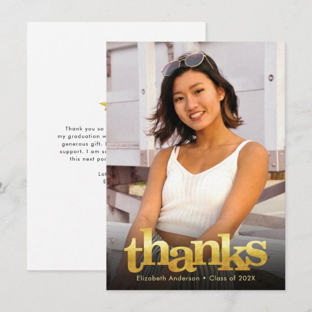 Graduation photo gold typography bold modern thank you card (Front/Back)