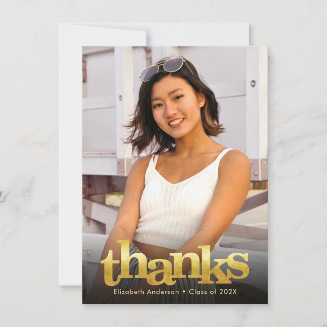 Graduation photo gold typography bold modern thank you card (Front)
