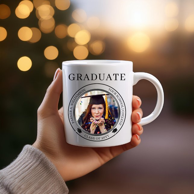 Graduation Photo Grad Cap Class Year Graduate Coffee Mug (Elegant "GRADUATE" Photo Grad Cap Class Year, Name and School Coffee Mug)