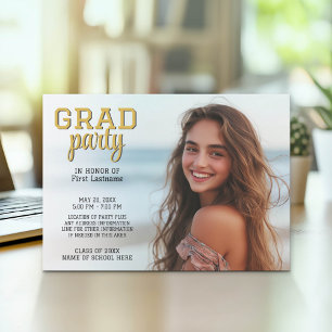 Graduation Photo - Grad Party Script Gold Invitation