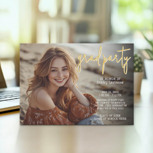 Graduation Photo - Grad Party Script Gold Invitation