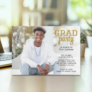 Graduation Photo - Grad Party Script Gold Invitation