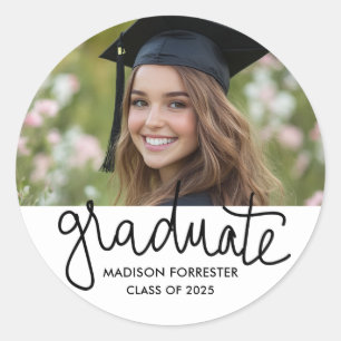 Graduation Photo Graduate Script Classic Round Sticker