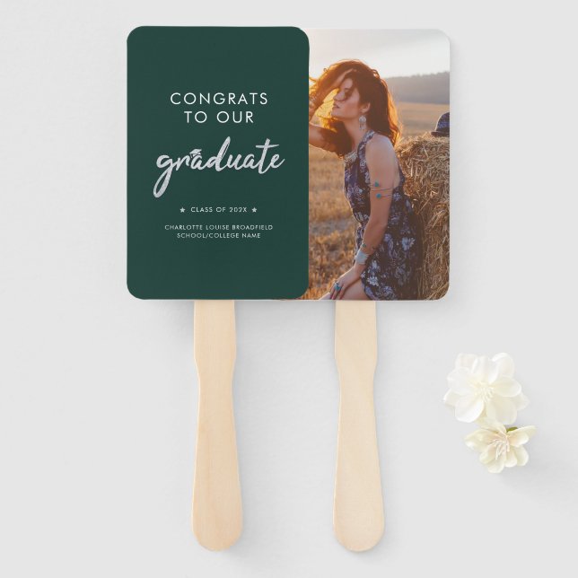 Graduation Photo Green Silver Script 2024 Hand Fan (Front and Back)