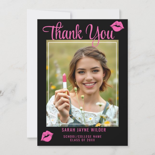 Graduation Photo Hot Pink Lips Class Year Black Thank You Card (Front)