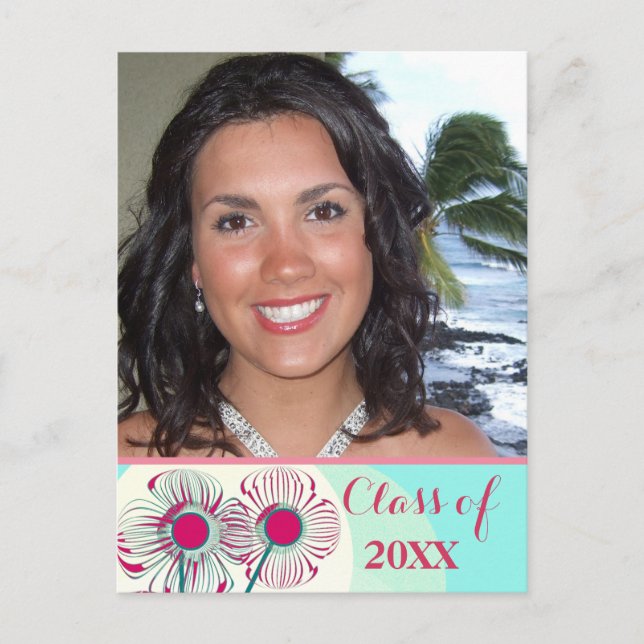 Graduation Photo Invitation Pink Blue Aqua Floral (Front)