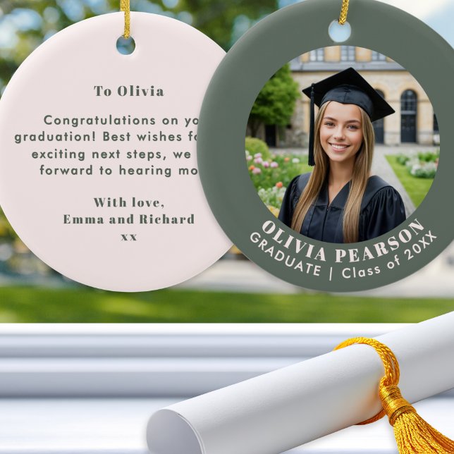 Graduation Photo Keepsake Personalised Green Pink Ceramic Tree Decoration (A graduation ornament in sage green and blush pink, with photo, name, year and custom message)