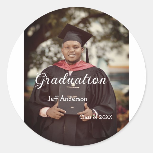 Graduation photo man name class of 20XX college  Classic Round Sticker (Front)