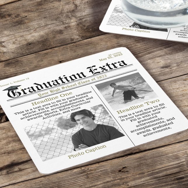 Graduation Photo Modern Cool Fun Facts Headlines Square Paper Coaster (Creator Uploaded)