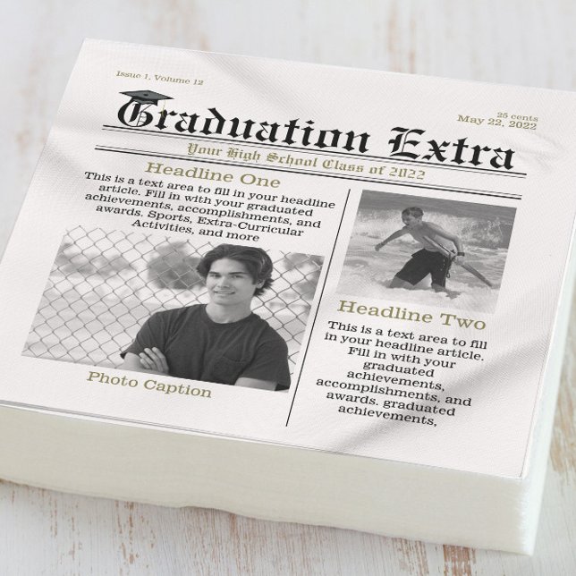 Graduation Photo Modern Cool Fun Facts Newspaper Napkin (Creator Uploaded)