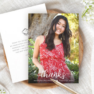 Graduation Photo Modern Elegant Chic Script Hearts Thank You Card