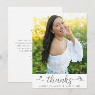 Graduation Photo Modern Elegant Script Heart White Thank You Card