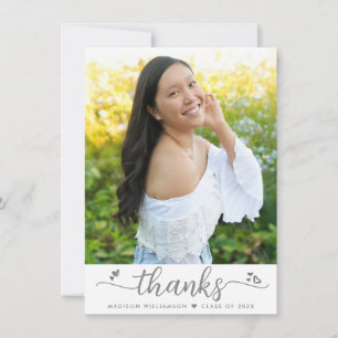 Graduation Photo Modern Elegant Script Heart White Thank You Card