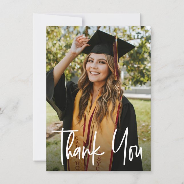 Graduation Photo Modern Handwritten Script  Thank You Card (Front)