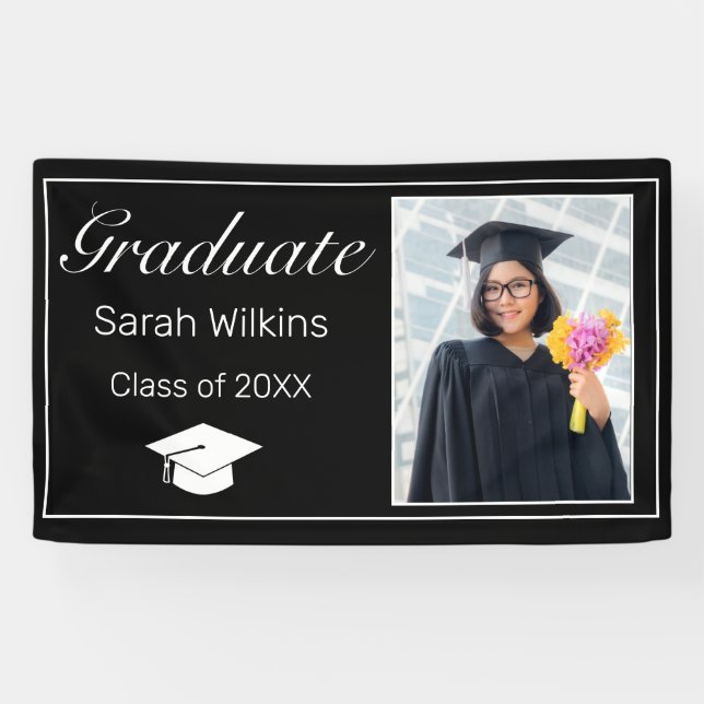 Graduation Photo Modern Minimalist Black White  Banner (Horizontal)