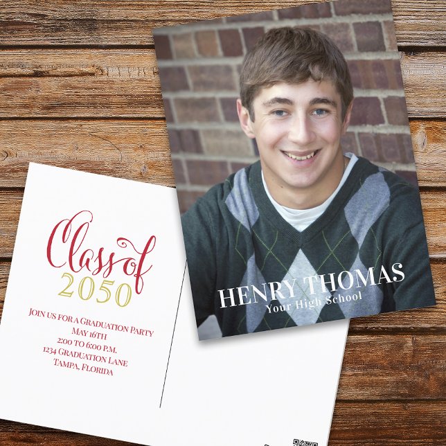 Graduation Photo Modern Minimalist Red Script Postcard (Creator Uploaded)