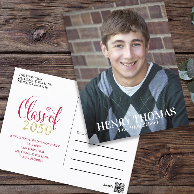 Graduation Photo Modern Minimalist Script Red Postcard (Creator Uploaded)