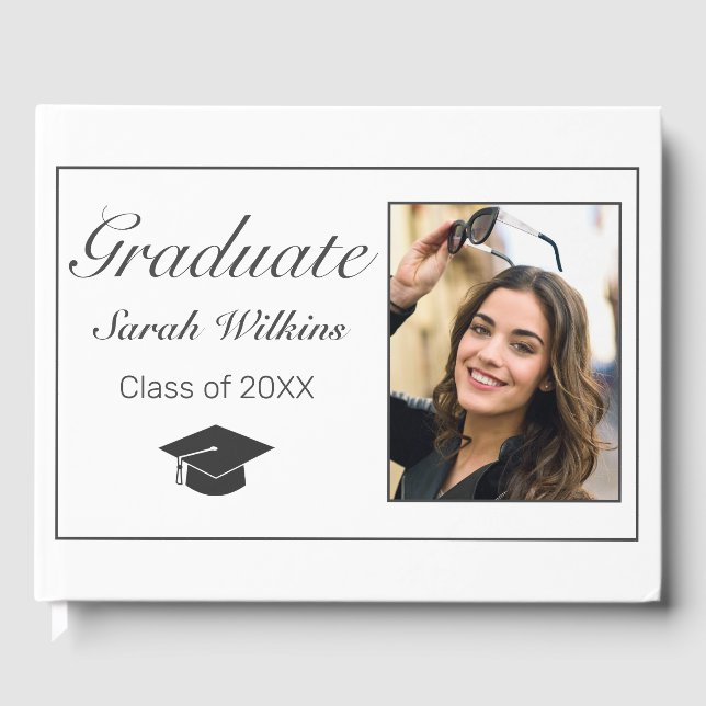 Graduation Photo Modern Minimalist White Black Guest Book (Front)